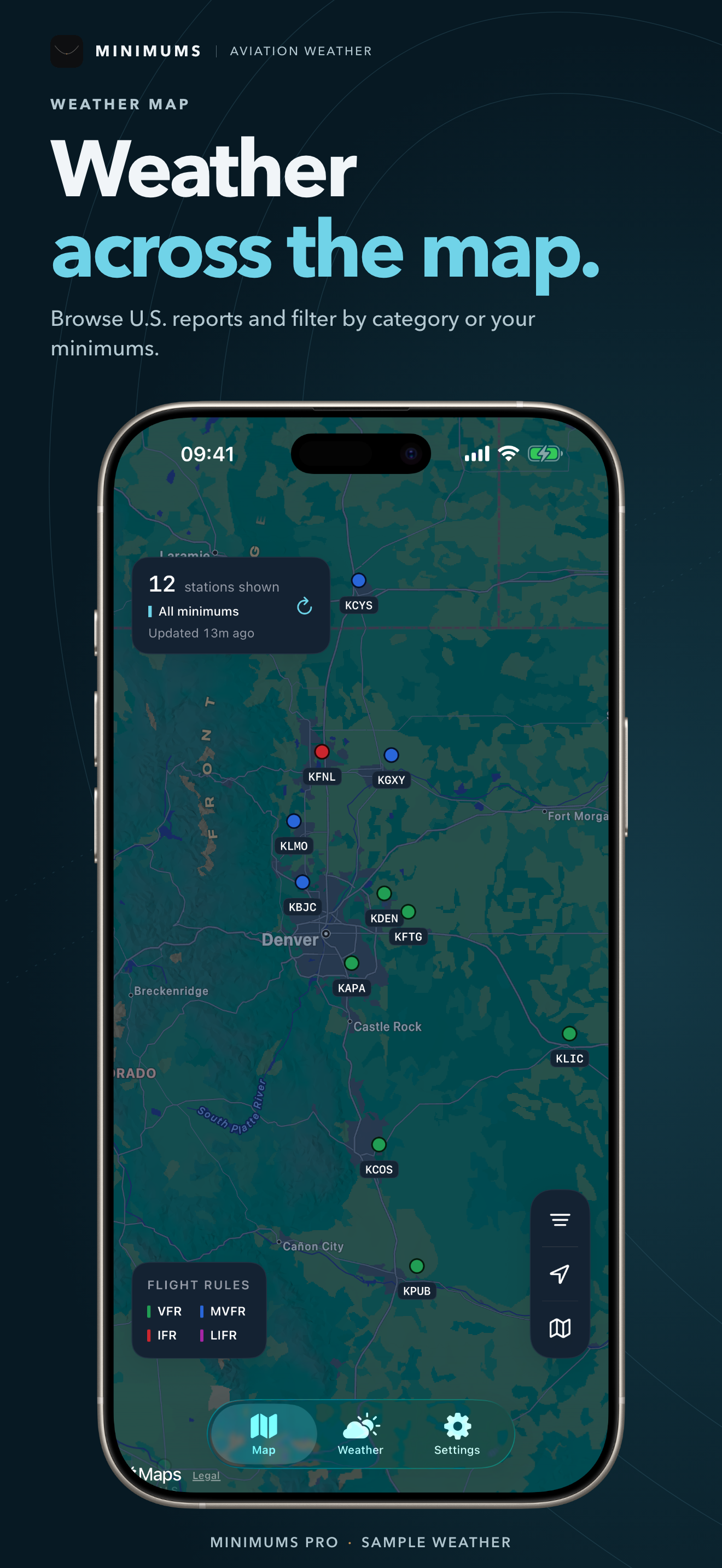 Regional weather map with reporting stations, filters, and a flight-category legend.